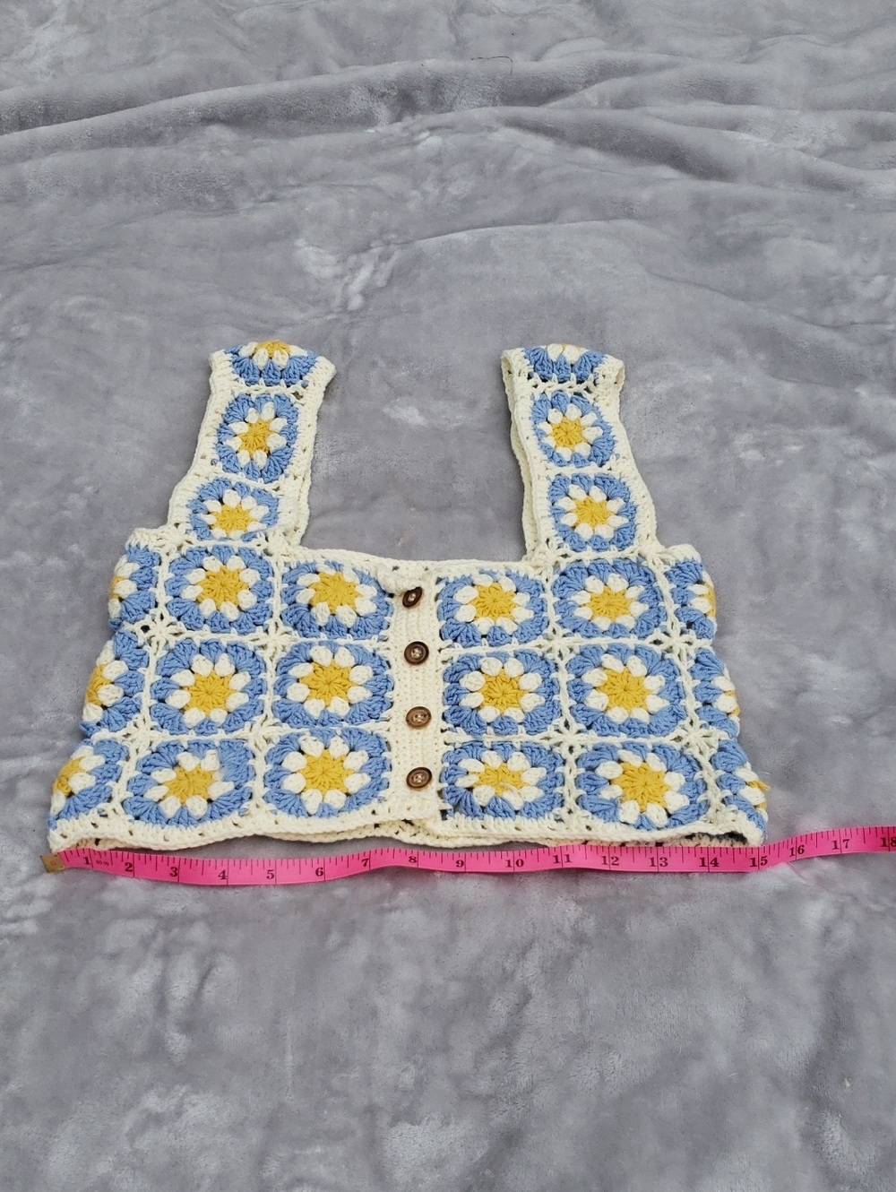 Handmade Crochet Crop Top in Blue, Yellow & Cream - Picture 3 of 4